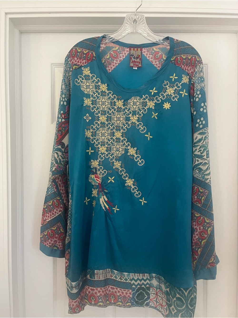 Johnny Was Teal Boho Embroidered Long-Sleeve Tunic